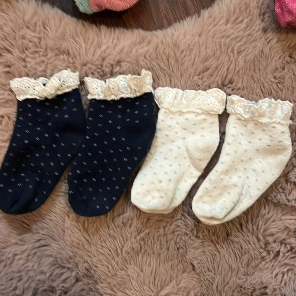 Set of 2 little kids ruffle eyelet lace socks navy blue and white w/ polka dots